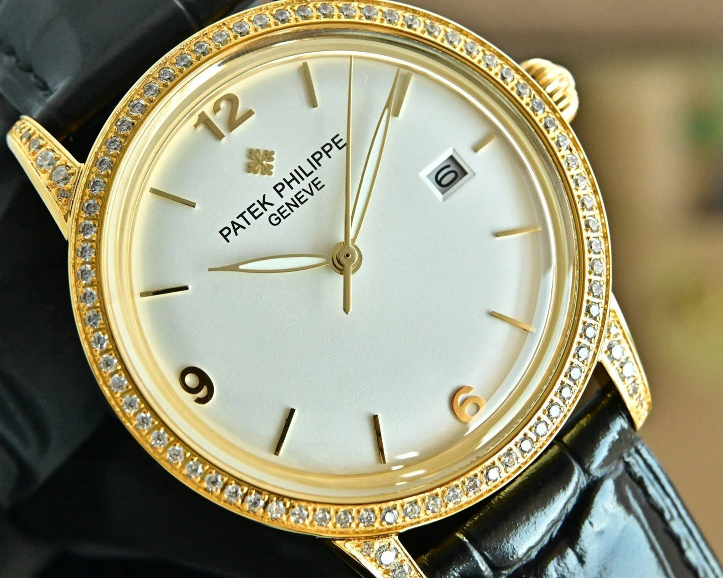 Patek Philippe Calatrava 40mm Diamond Benzel White Dial Black Strap