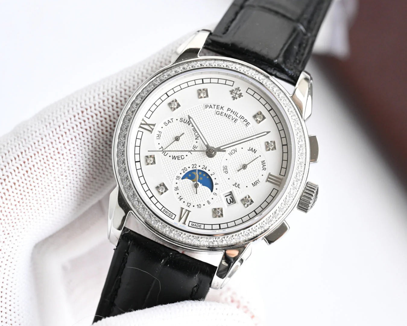 Patek Philippe Annual Calendar 42mm Diamond Benzel Black Leather Strap