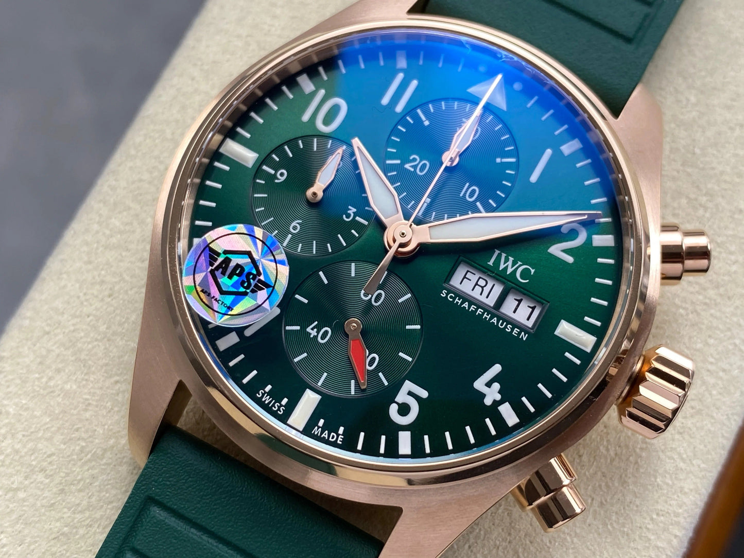 IWC Pilot's Chronograph 41 Pink Gold Case Green Dial Rubber Strap