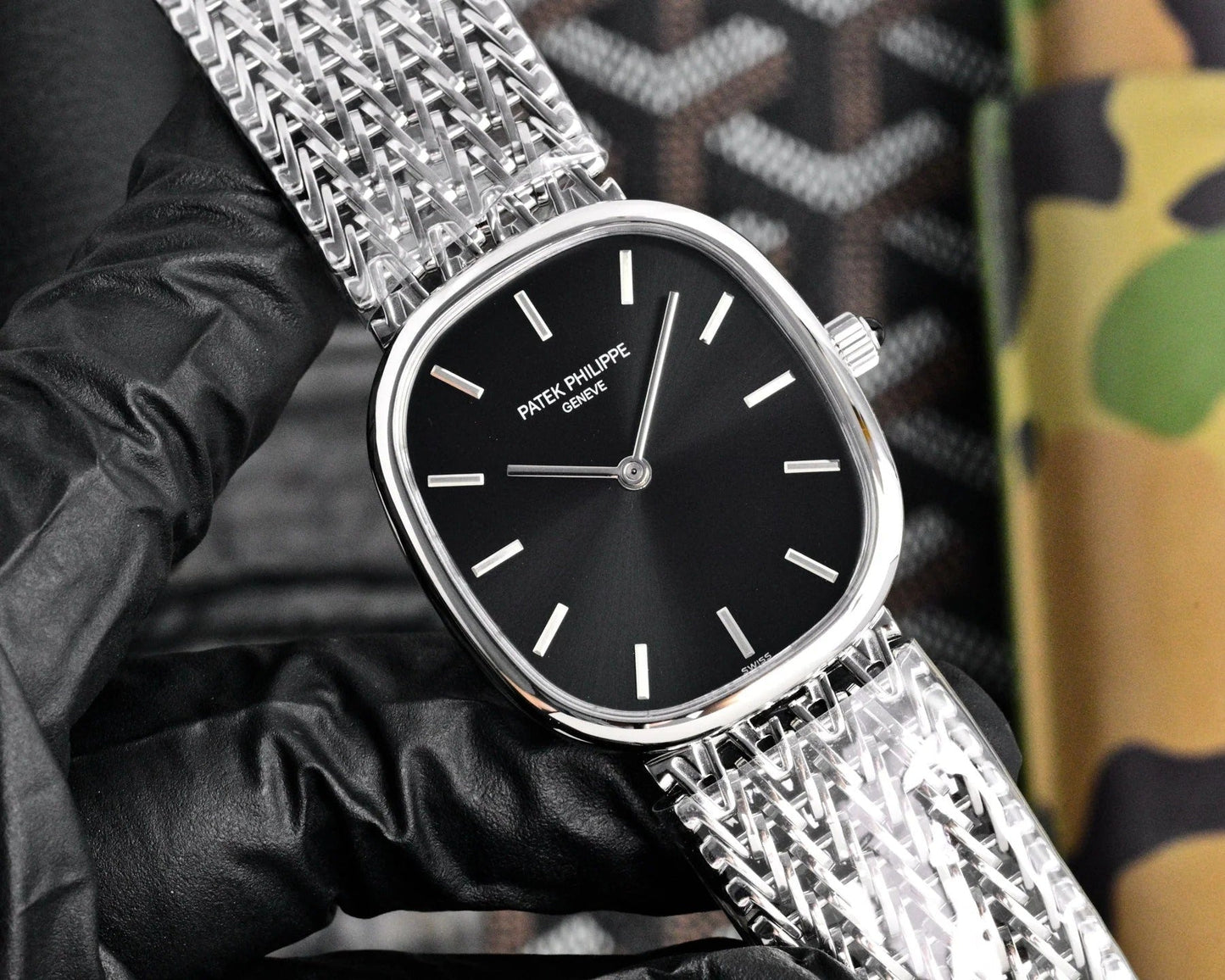 Patek Philippe Golden Ellipse 27mm Black Dial Steel Strap