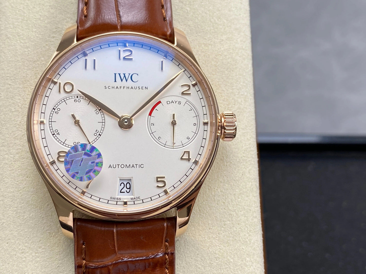 IWC Portuguese 42mm Cream Dial Pink Gold Case Crocodile Leather