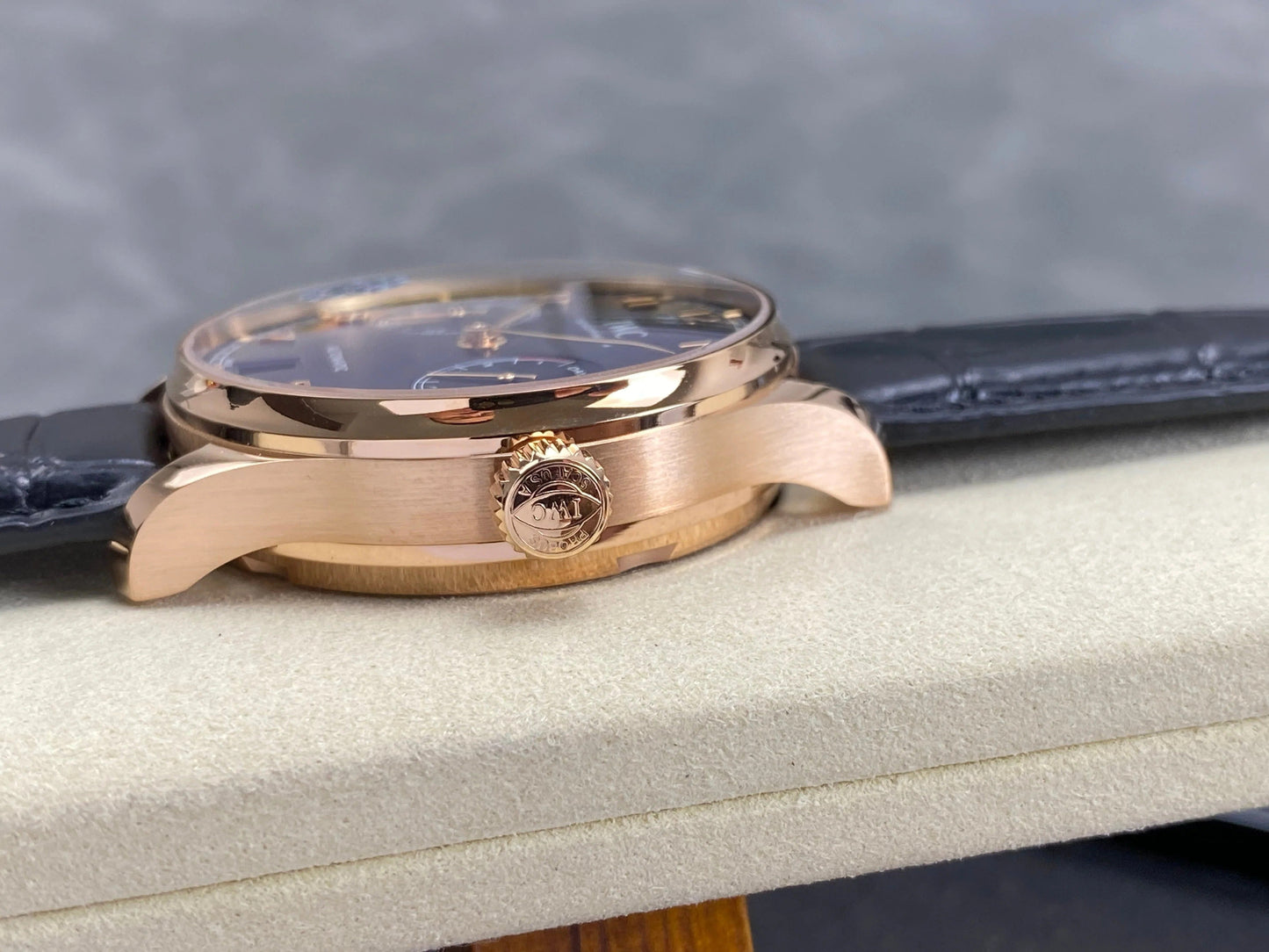 IWC Portuguese 42mm Black Dial Pink Gold Case Crocodile Leather