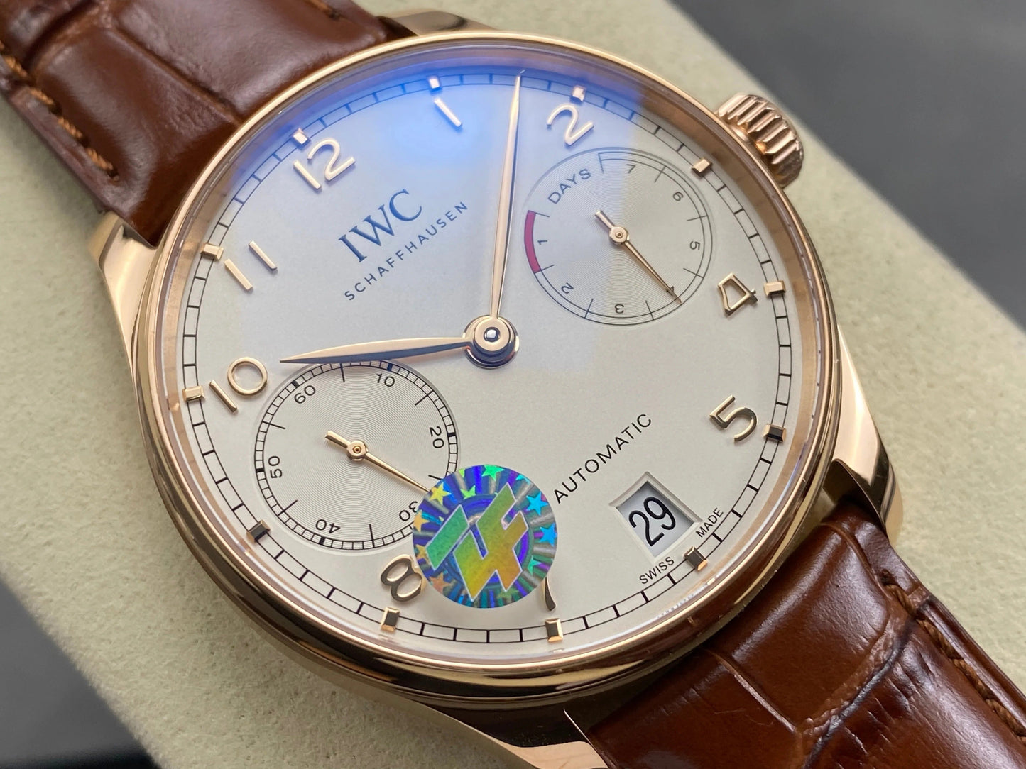 IWC Portuguese 42mm Cream Dial Pink Gold Case Crocodile Leather