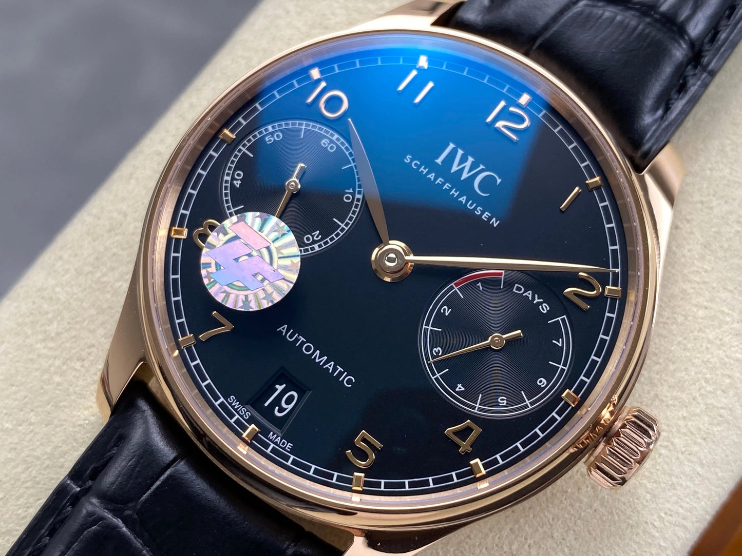 IWC Portuguese 42mm Black Dial Pink Gold Case Crocodile Leather