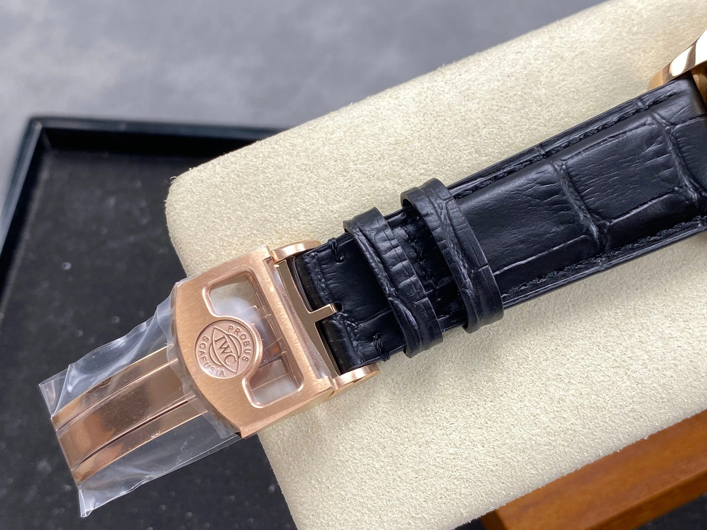 IWC Portuguese 42mm Black Dial Pink Gold Case Crocodile Leather