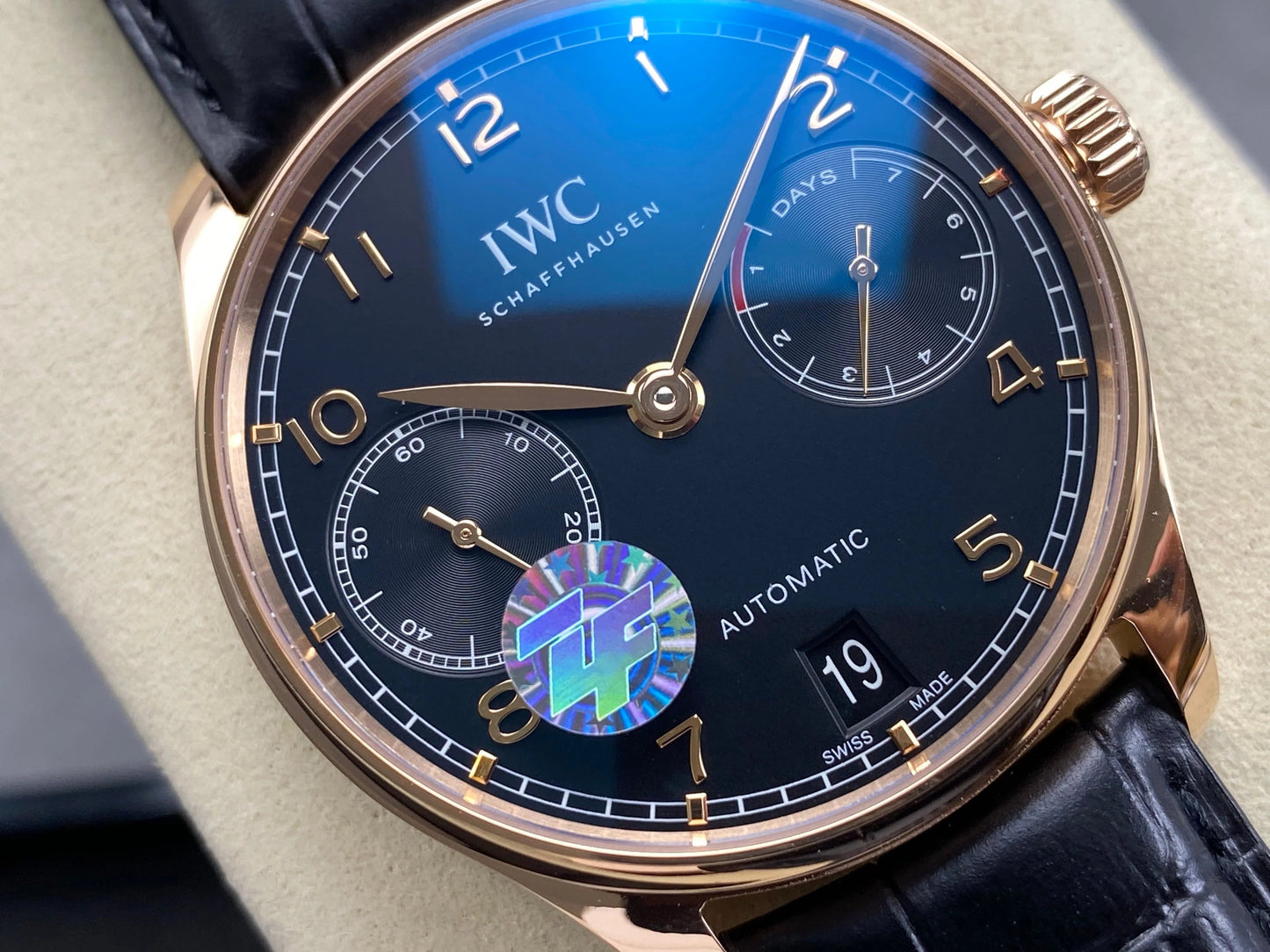 IWC Portuguese 42mm Black Dial Pink Gold Case Crocodile Leather