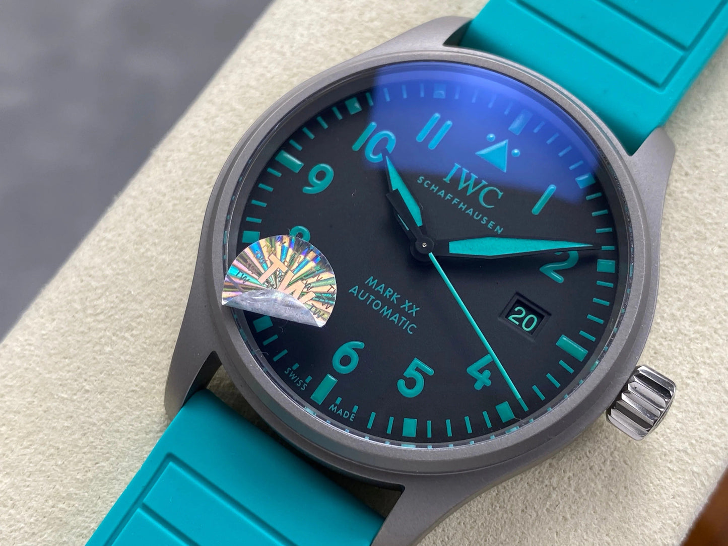 IWC Pilot 40mm Black Dial Gray Case Turquoise Rubber Strap