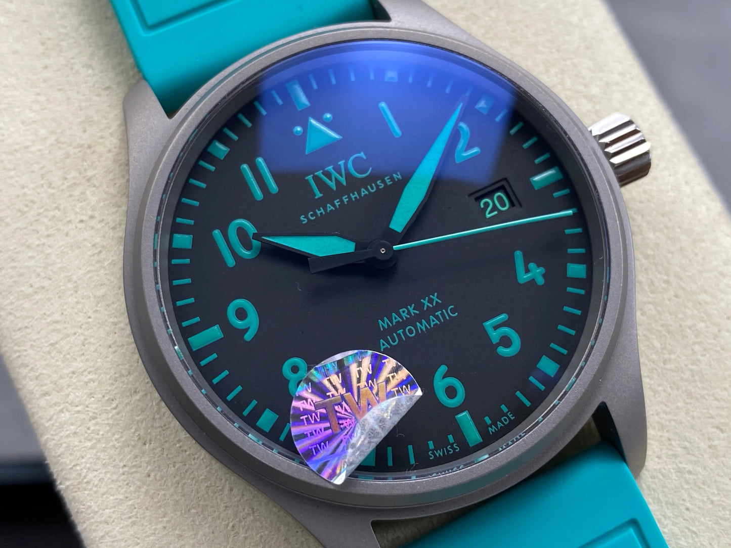 IWC Pilot 40mm Black Dial Gray Case Turquoise Rubber Strap
