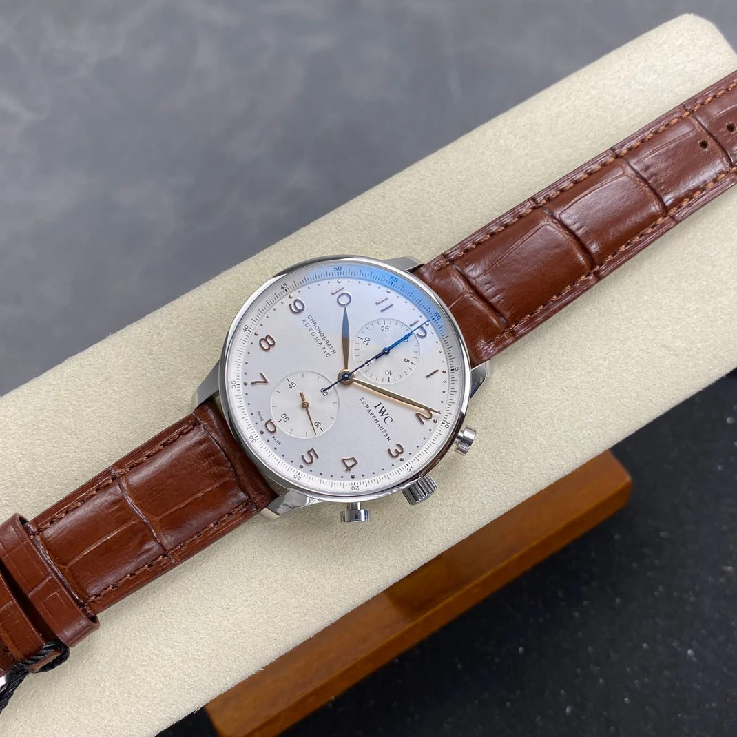 IWC Portuguese Chronograph 41mm White Dial Brown Crocodile Leather Strap