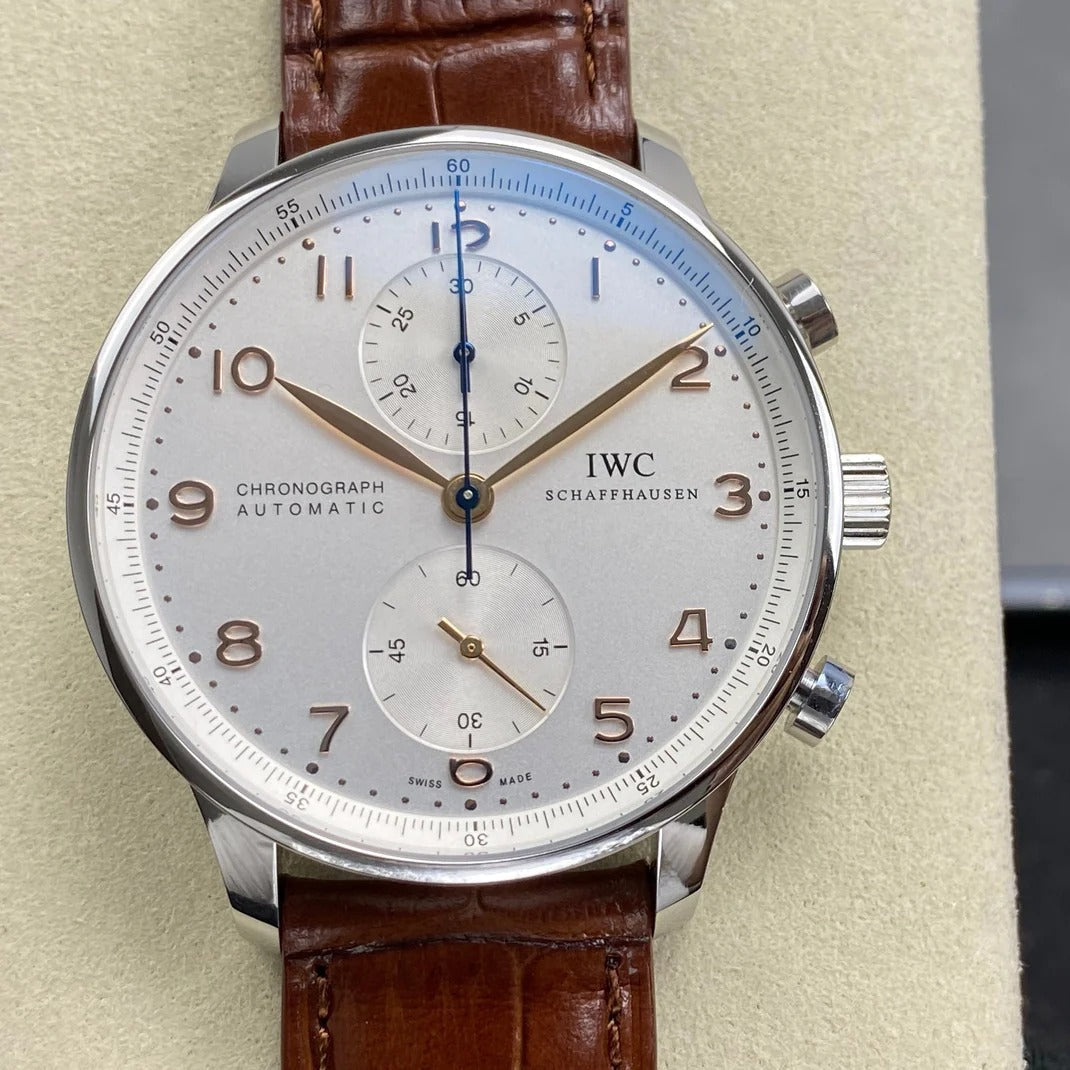 IWC Portuguese Chronograph 41mm White Dial Brown Crocodile Leather Strap