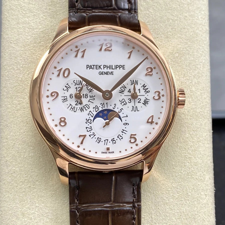 Patek Philippe Perpetual Calendar 39mm Rose Gold Case Brown Leather Strap