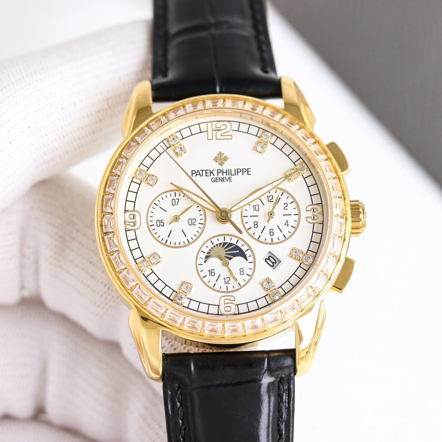 Patek Philippe Annual Calendar 42mm Diamond Benzel Gold Case Black Strap