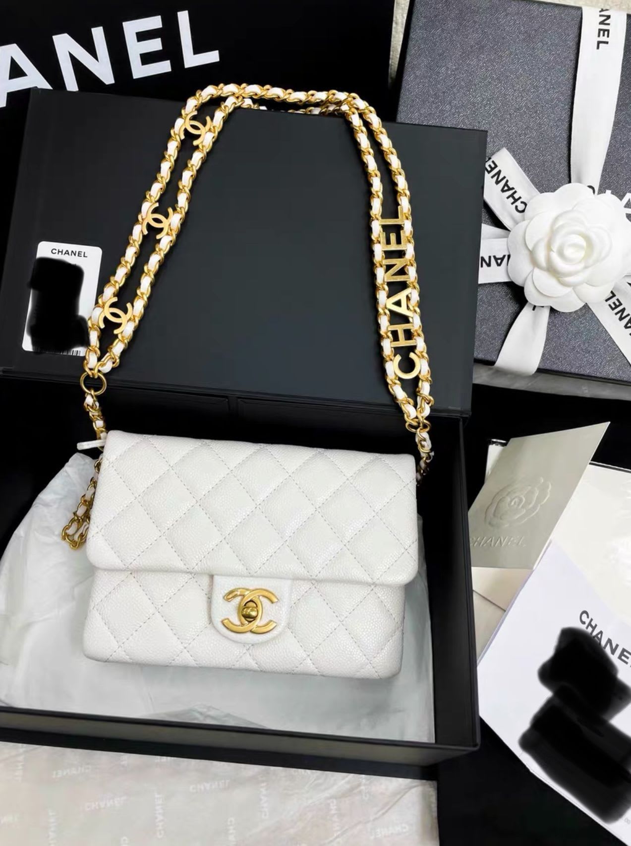 Chanel 22 White Gold Caviar Leather