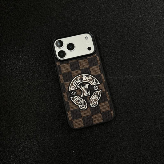Embroidered Leather-Texture Checkerboard Phone Case with Raised Stitch Emblem