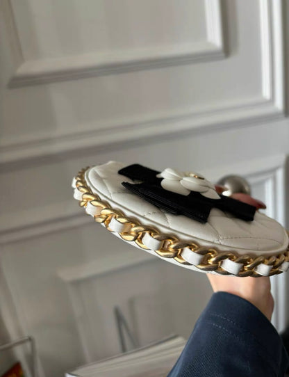 Chanel 23 White Quilted Leather Mini Round Camellia Clutch