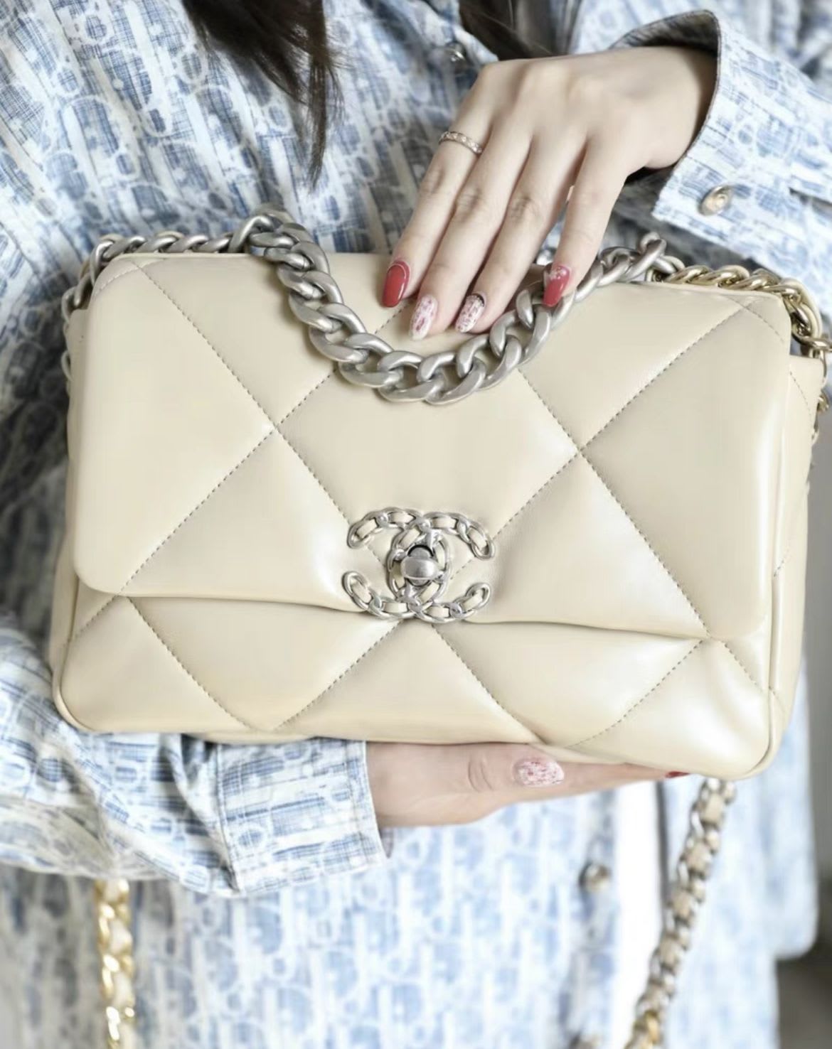 Chanel Beige Silver Medium 19Bag