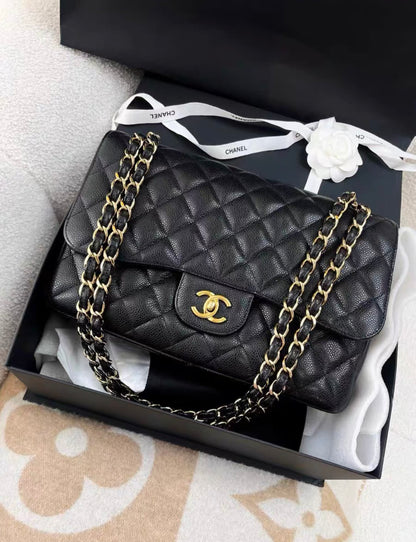 Chanel Black Lychee Cowhide Cf Large Jumbo Chain Bag