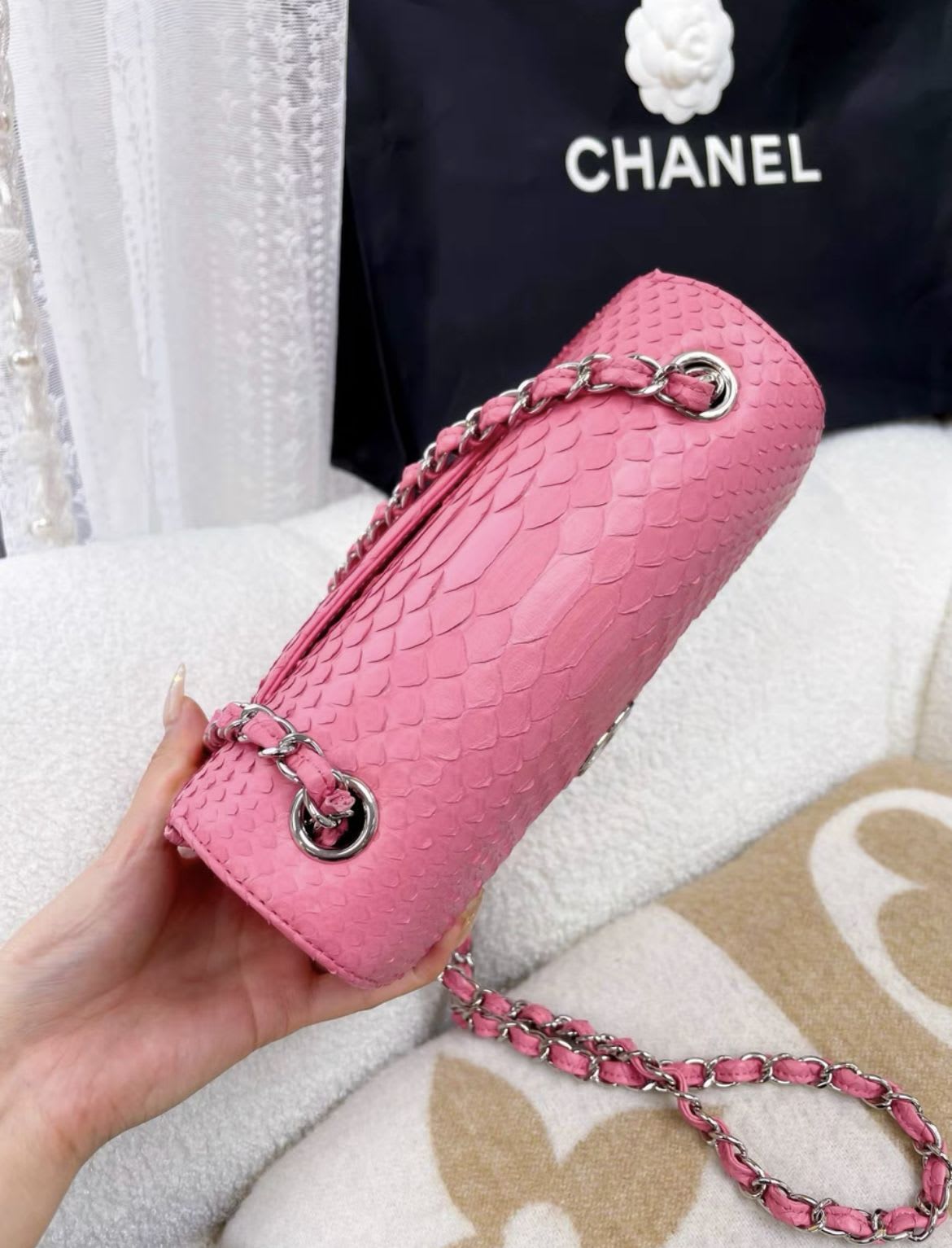 Chanel Pink Snake Leather Cf Large Mini