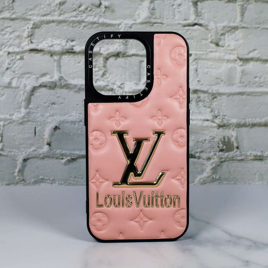 LV Stamped Leather Case Pink for iPhone