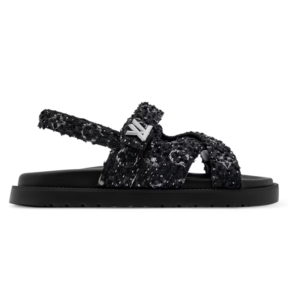 LV Sunset Flat Comfort Sandal Black Tweed Fabric