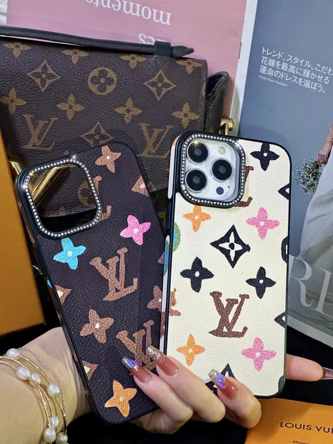 LV Monogram Rhinestone iPhone Case for 12 13 14 15 16 Pro Max