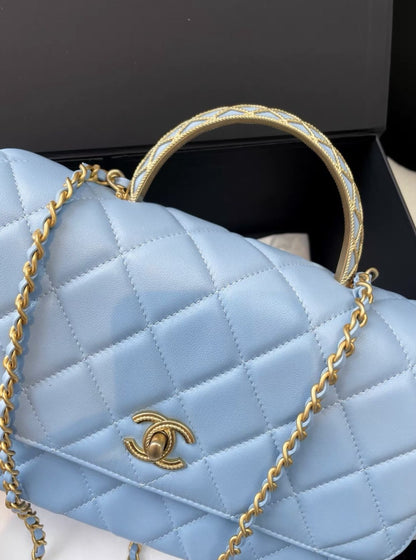 Chanel 23A Sky Blue Gold Hardware Chain Top Handle Quilted Leather Bag