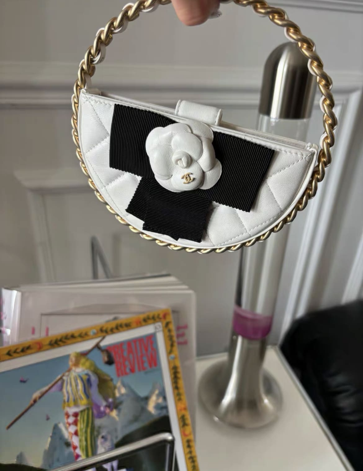 Chanel 23 White Quilted Leather Mini Round Camellia Clutch