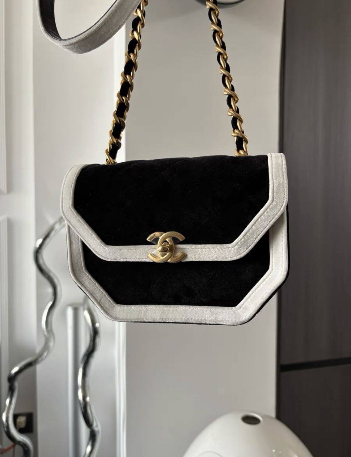 Chanel Seasonal Flap Bag Black And White Velvet With Gold Hardware