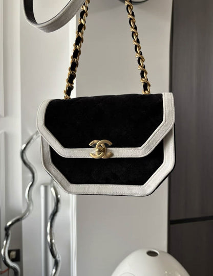 Chanel Seasonal Flap Bag Black And White Velvet With Gold Hardware