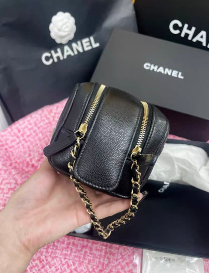 Chanel 24 Black Gold Lychee Leather Makeup Toiletry Bag Clutch