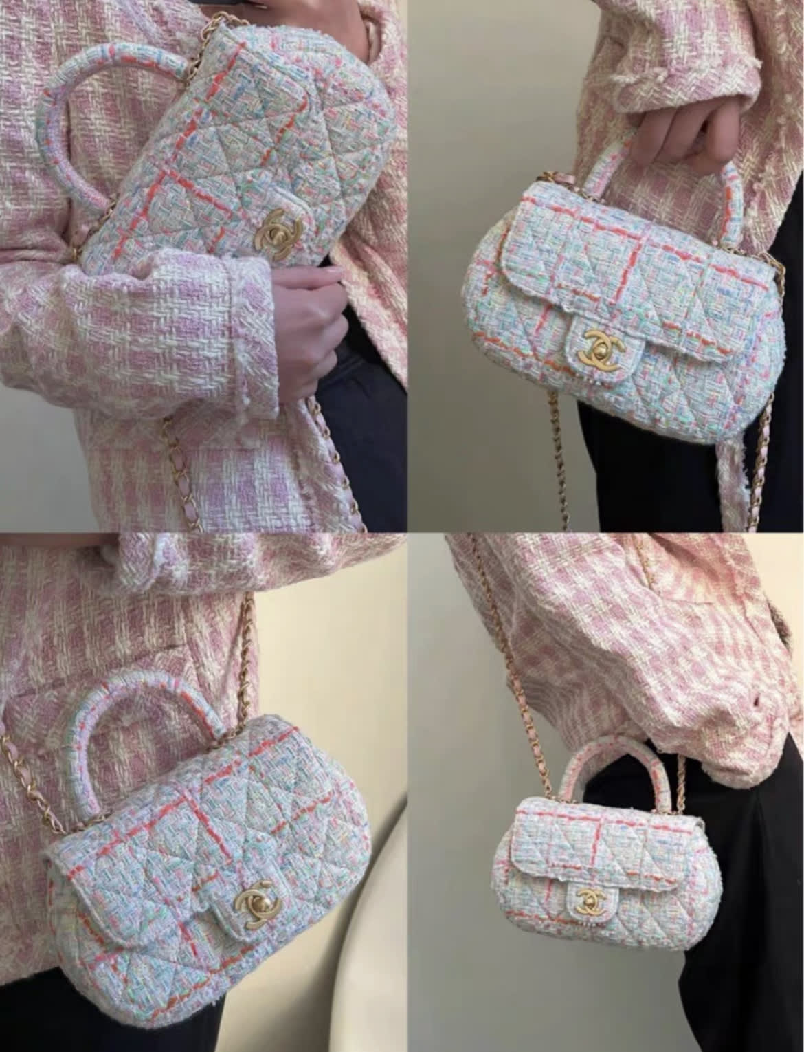 Chanel Mini Flap Bag With Top Handle Pink Tweed Antique Gold Hardware