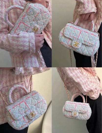 Chanel Mini Flap Bag With Top Handle Pink Tweed Antique Gold Hardware