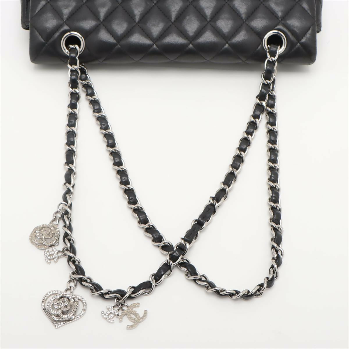 Chanel Black Matelasse Lambskin Single Flap Double Chain Bag With Silver Hardware