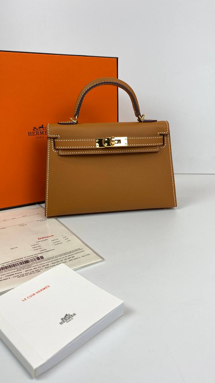 Luxury Hermes Kelly 20 Mini Sellier Bag Brown Epsom Gold Hardware