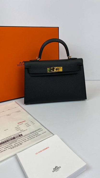 Luxury Hermes Kelly 20 Mini Sellier Bag Black Epsom Gold Hardware