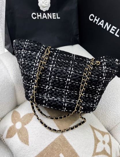 Chanel 23S Raffia Black And White Woven Tote Bag