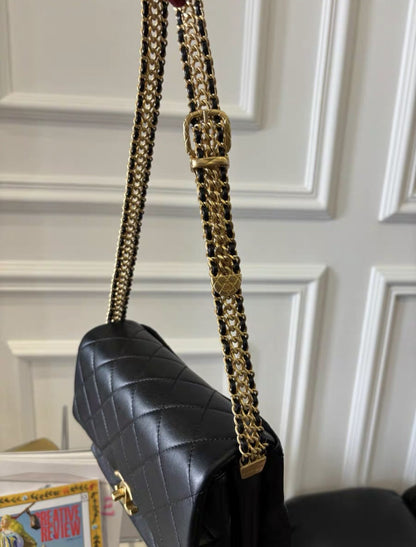 Chanel23S Black Gold Cowhide Metal Braided Belt Shoulder Strap