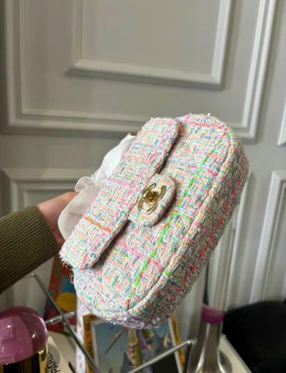 Chanel Mini Flap Bag With Top Handle Pink Tweed Antique Gold Hardware