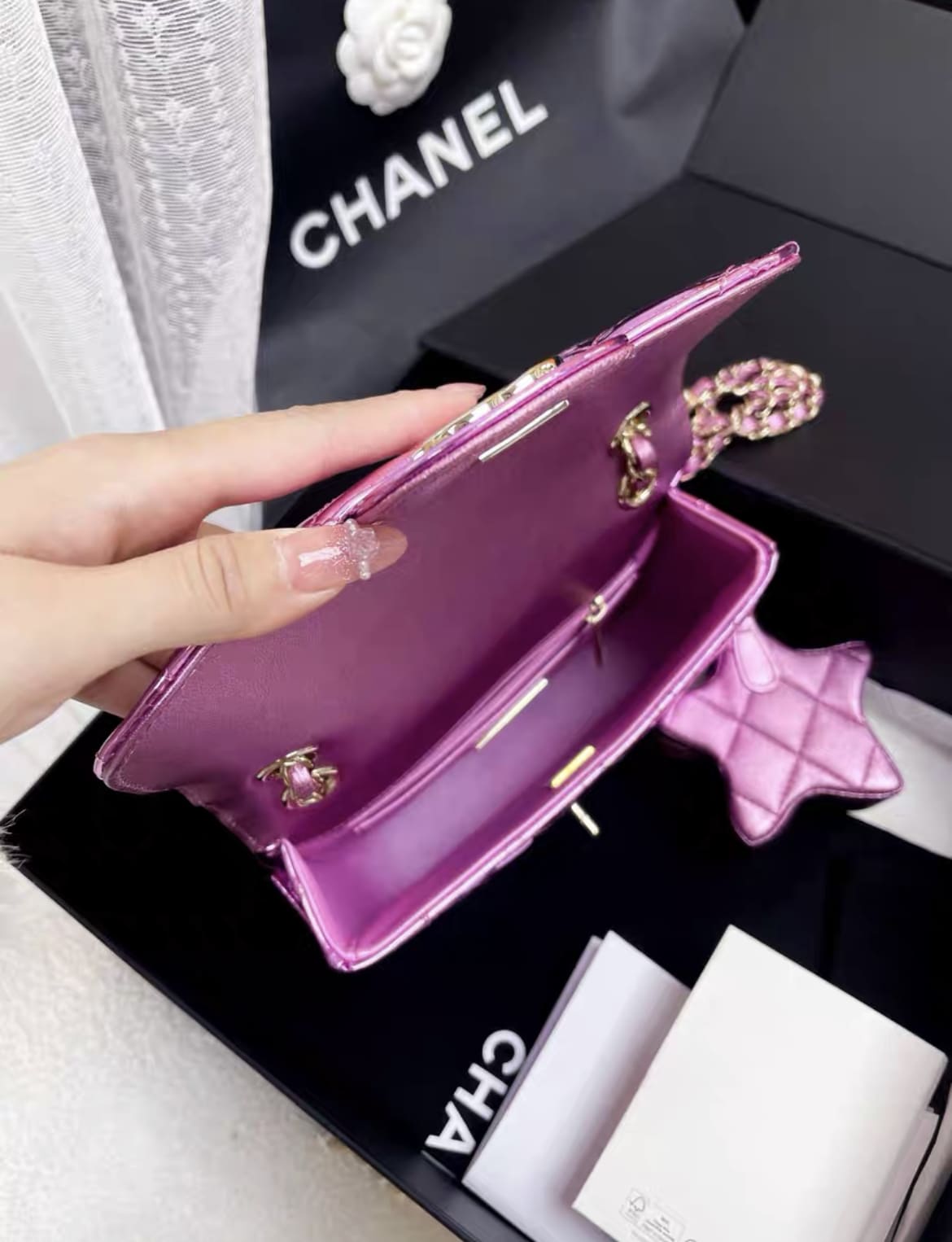 24C Chanel Purple Mirrored Metallic Mini Square Flap Bag Star Handbag