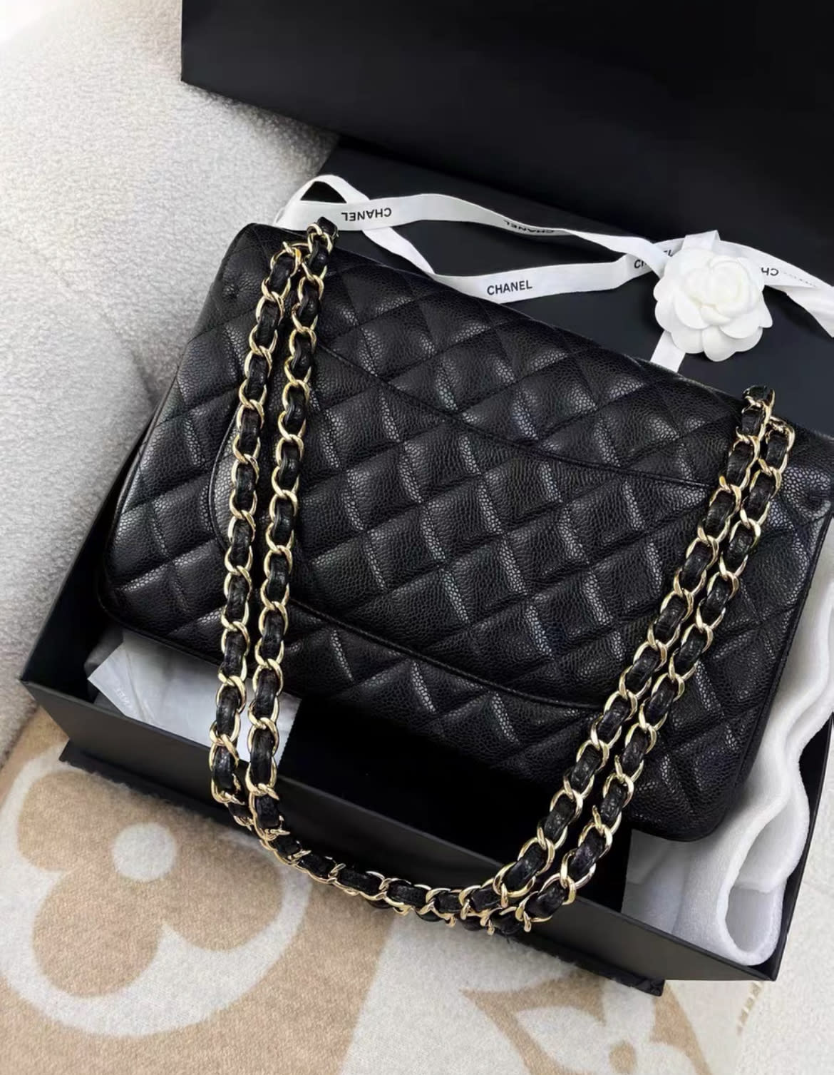 Chanel Black Lychee Cowhide Cf Large Jumbo Chain Bag