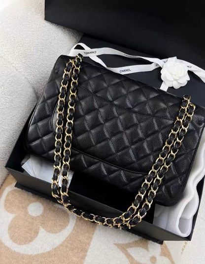 Chanel Black Lychee Cowhide Cf Large Jumbo Chain Bag