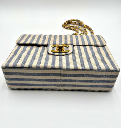 Chanel 1990S Jumbo Blue And White Striped Linen And Cotton Classic Flap Bag