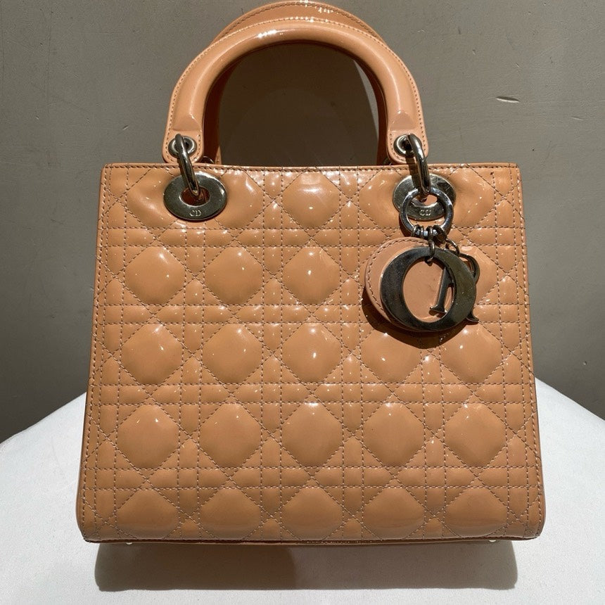 Dior Lady Patent Leather Bag Beige Pink Medium