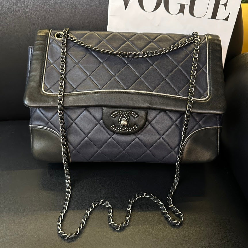 Chanel Color-Blocked Sheepskin CF Chain Crossbody Bag Black and Grey Medium
