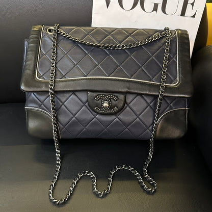 Chanel Color-Blocked Sheepskin CF Chain Crossbody Bag Black and Grey Medium