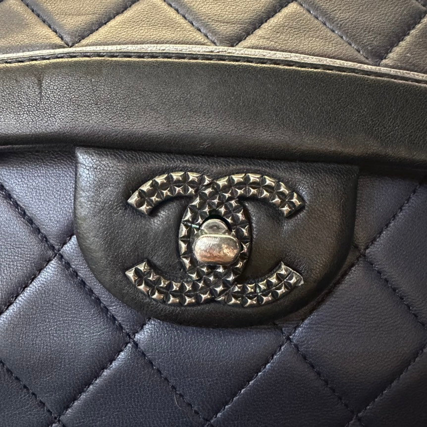 Chanel Color-Blocked Sheepskin CF Chain Crossbody Bag Black and Grey Medium
