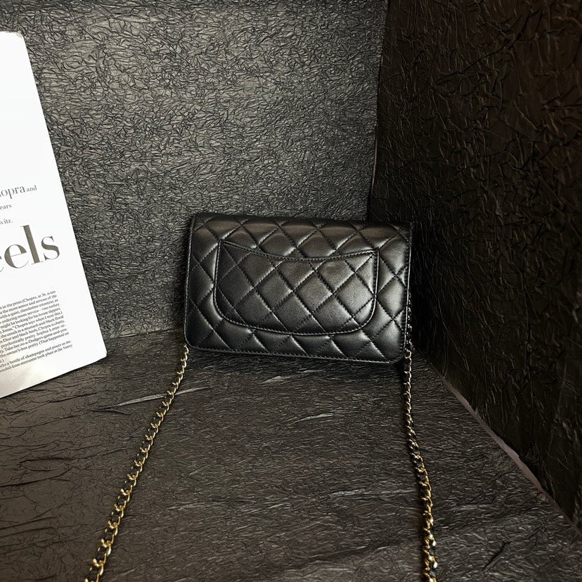 Chanel Black Gold WOC Crossbody Bag Quilted Leather Chain Strap