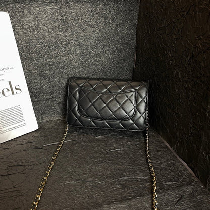 Chanel Black Gold WOC Crossbody Bag Quilted Leather Chain Strap