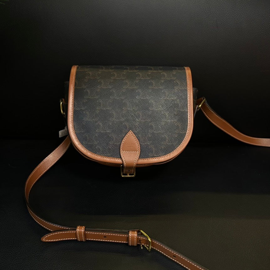 Celine Arc de Triomphe Brown Canvas Leather Saddle Crossbody Bag Medium