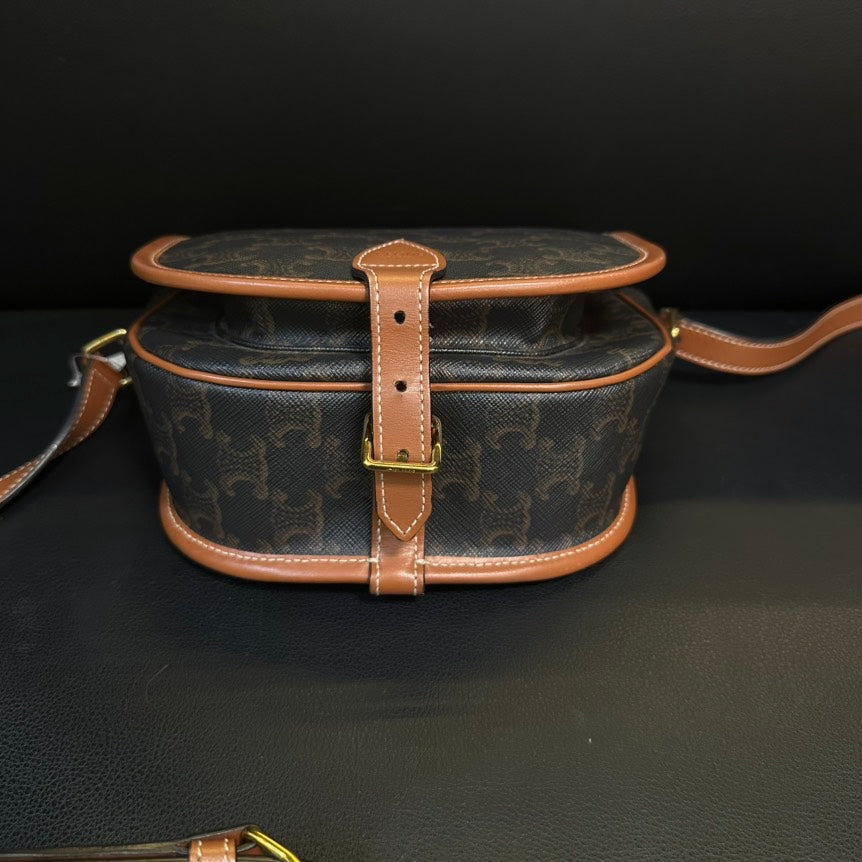 Celine Arc de Triomphe Brown Canvas Leather Saddle Crossbody Bag Medium